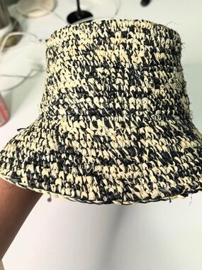 Woven Straw Bucket Hat in Black & Cream